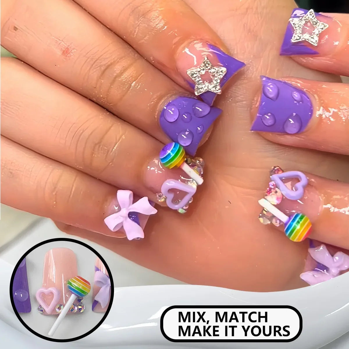 24pcs pink leopard print short duckbill fake nails with 3D bows and butterfly design